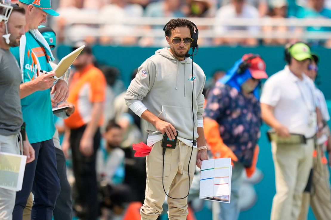 Miami Dolphins head coach Mike McDaniel watches from the sideline during the first half of his team's game against the Jacksonville Jaguars on Sunday in Miami Gardens, Fla.