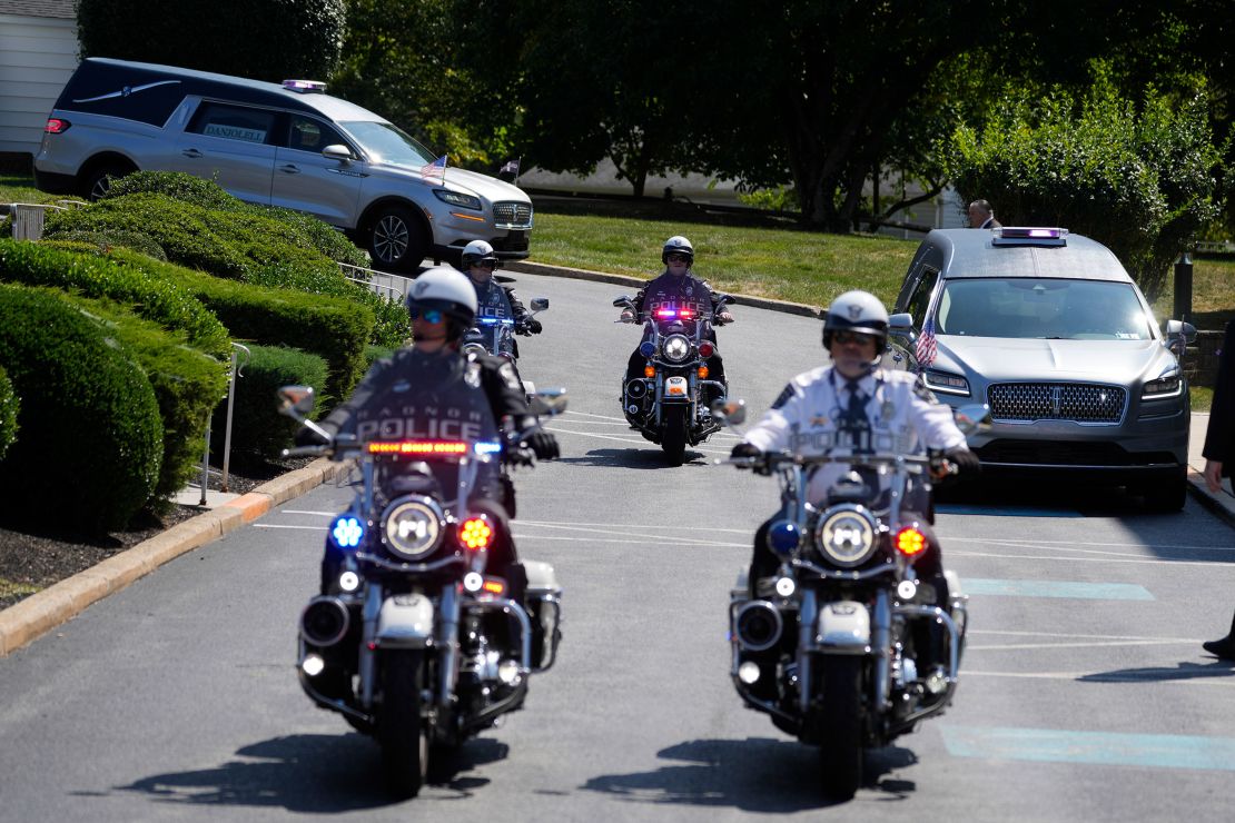 The remains of Johnny and Matthew Gaudreau arrive at St. Mary Magdalen Catholic Church in Media, Pa.