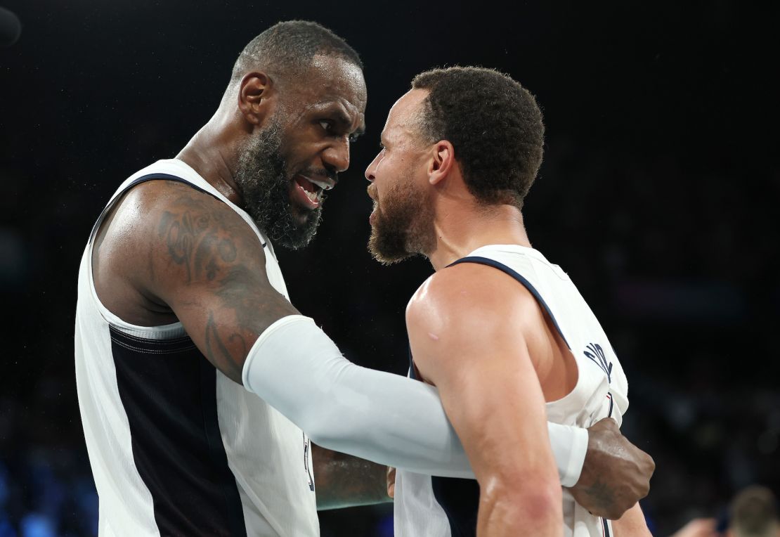 James and Curry celebrate after Team USA's dramatic comeback win over Serbia.