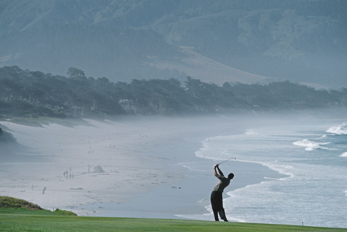 Woods plays from the ninth fairway during the 2000 US Open at Pebble Beach in Monterey, California.