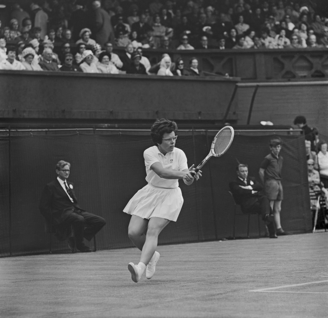 Billie Jean King in action at Wimbledon in 1965.