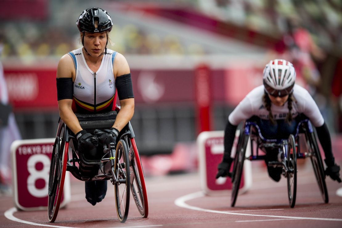 Belgian athlete Joyce Lefevre (left) before the final of the women's 800m T34 race at the Tokyo 2020 Paralympic Games.