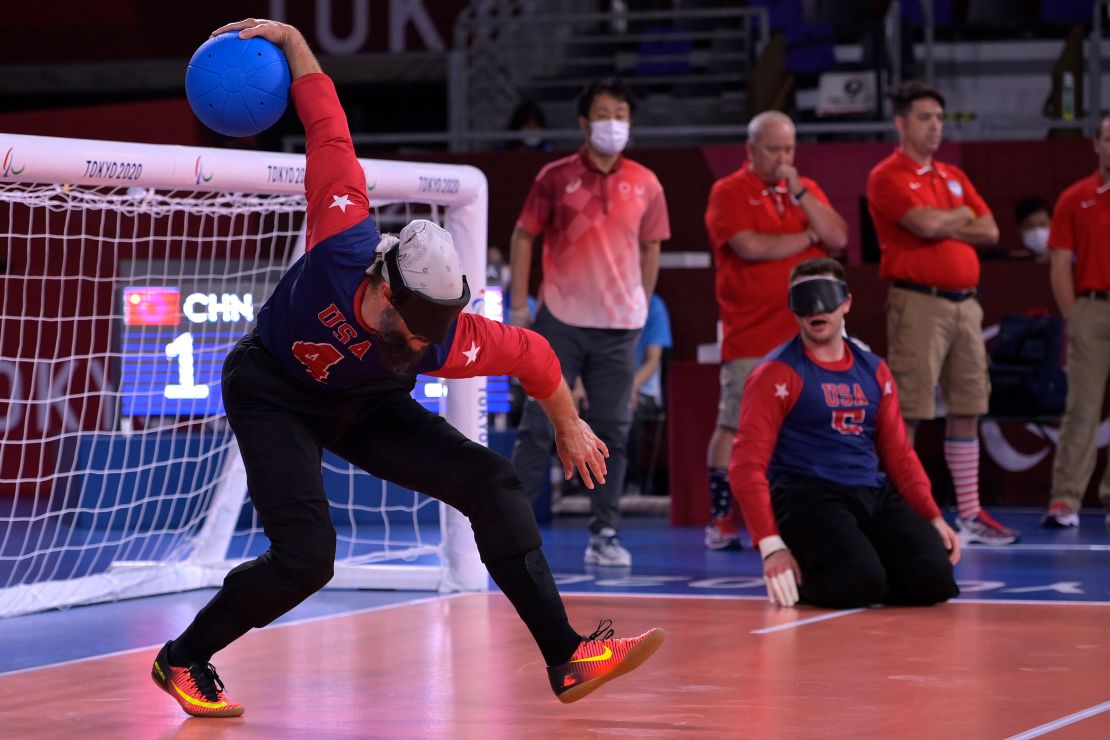 John Kusku of Team USA during the men's goalball semifinal at the Tokyo 2020 Paralympic Games.