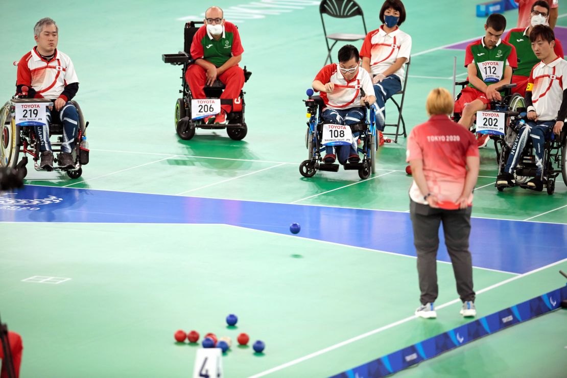 Japan competing in the boccia BC1/BC2 bronze medal match against Portugal at the Tokyo 2020 Paralympic Games.<br /><br />