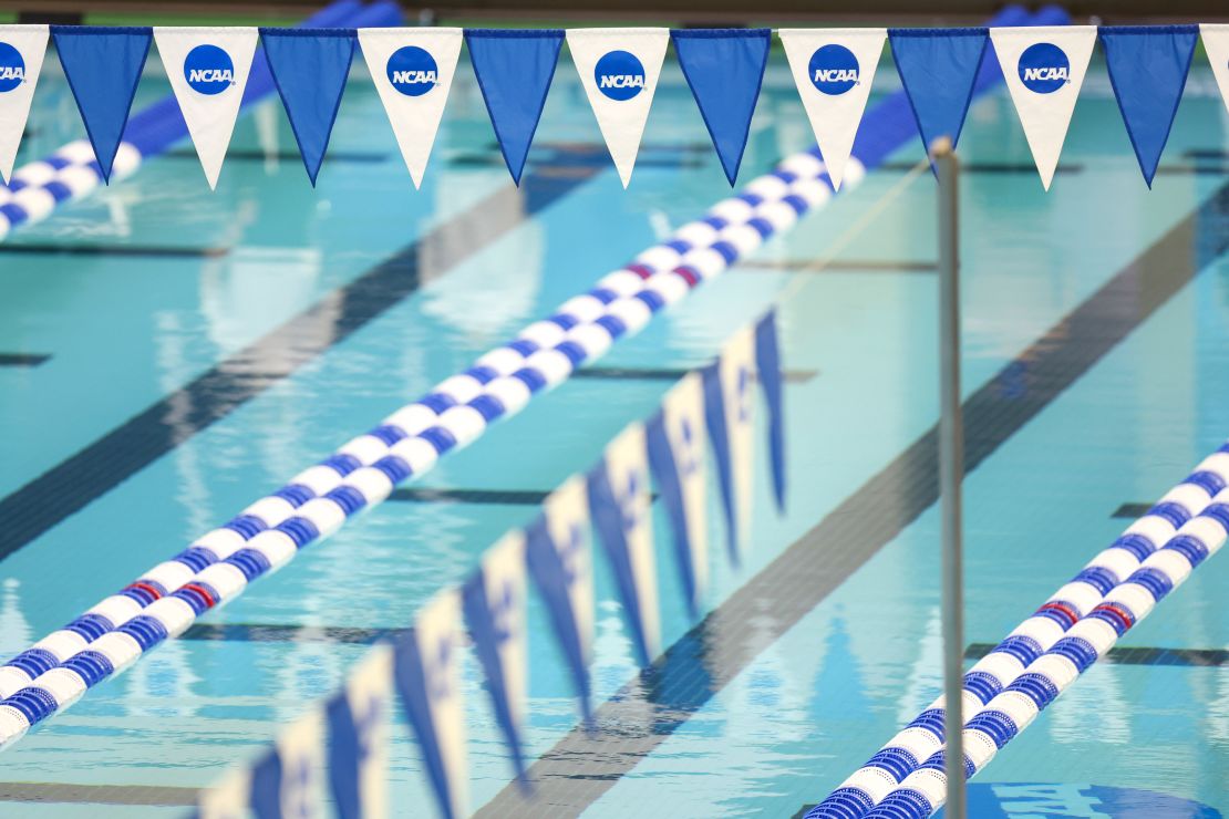 NCAA banners hang before the start of the Division I Mens Swimming and Diving Championships held at the Jean K. Freeman Aquatic Center in Minneapolis on March 24, 2023.