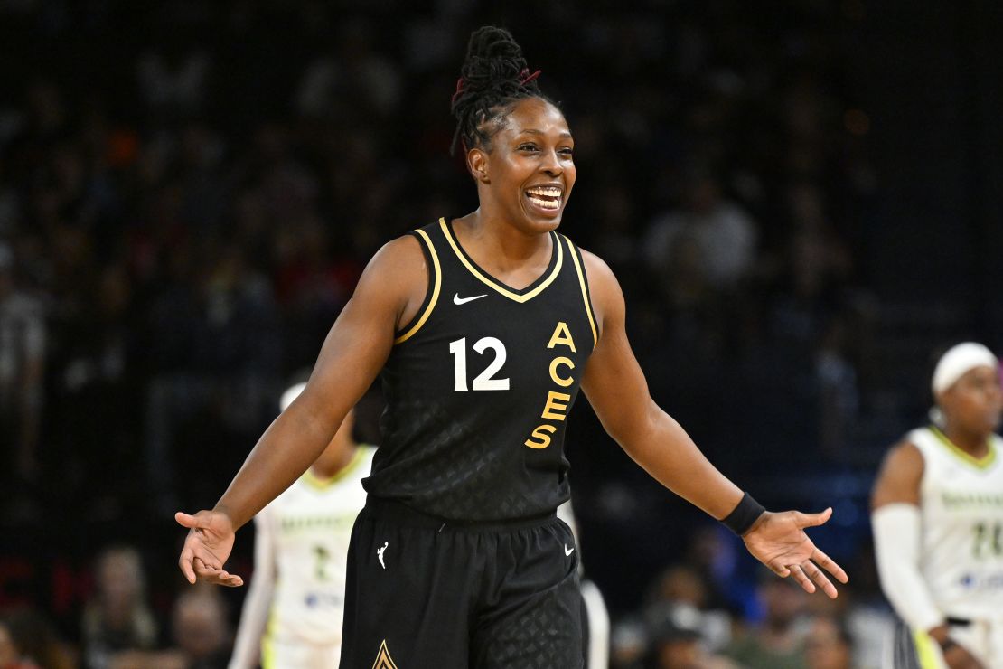 LAS VEGAS, NV - SEPTEMBER 26: Chelsea Gray #12 of the Las Vegas Aces reacts during the game against the Dallas Wings during round two game two of the 2023 WNBA Playoffs on September 26, 2023 at Michelob ULTRA Arena in Las Vegas, Nevada. NOTE TO USER: User expressly acknowledges and agrees that, by downloading and or using this photograph, User is consenting to the terms and conditions of the Getty Images License Agreement. Mandatory Copyright Notice: Copyright 2023 NBAE (Photo by David Becker/NBAE via Getty Images)