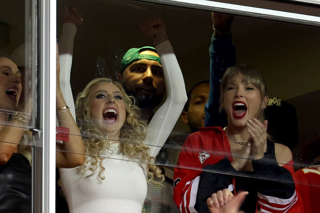 Brittany Mahomes and Taylor Swift celebrate a Kansas City Chiefs touchdown on October 12, 2023.