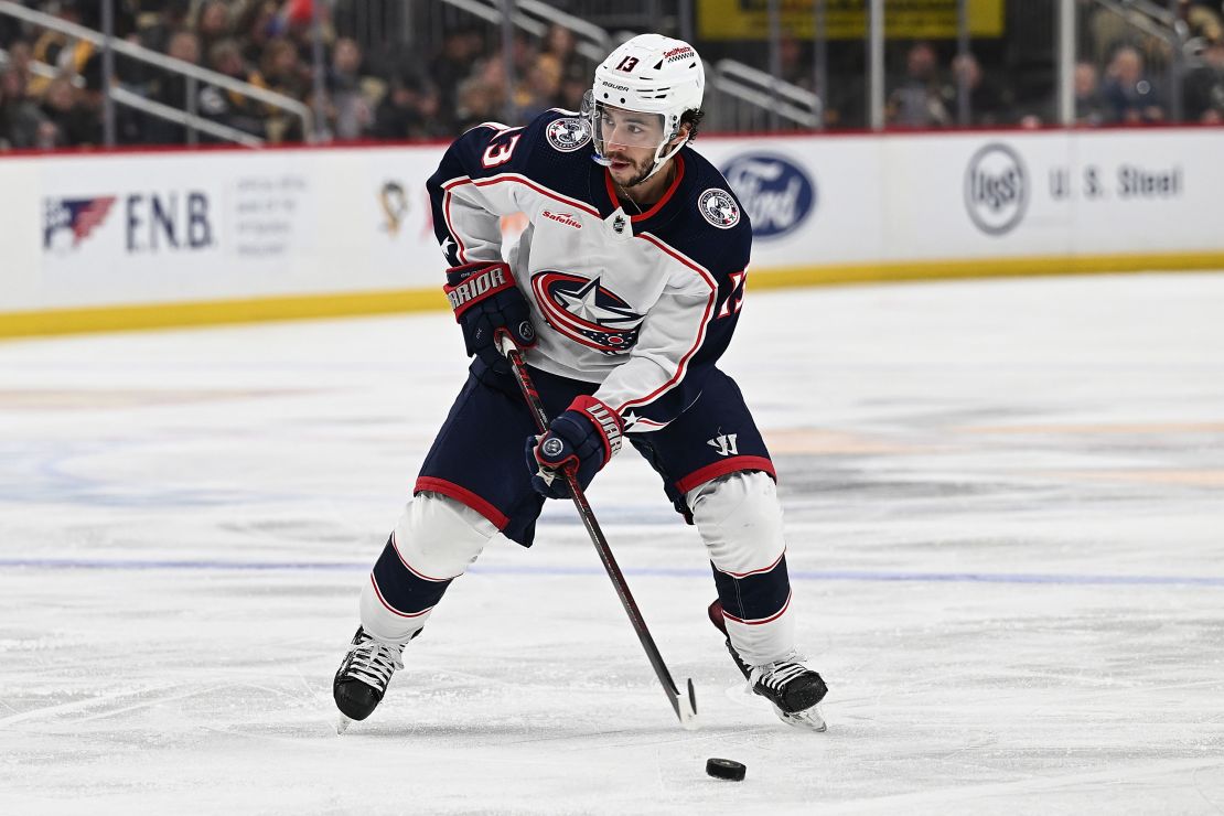 Wearing his famed No. 13, Johnny Gaudreau of the Columbus Blue Jackets skates during a game in March against the Pittsburgh Penguins.