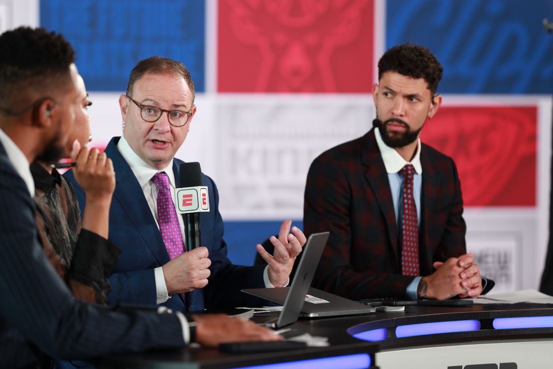 Adrian Wojnarowski reporting during the 2024 NBA Draft on June 26 at Barclays Center in Brooklyn, New York.