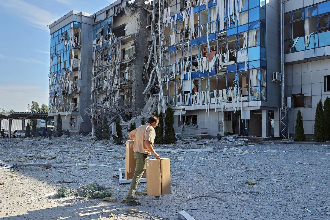 Aftermath of a Russian missile strike on the office building of the Swiss Foundation for Mine Action (FSD), Kharkiv, north-central Ukraine.