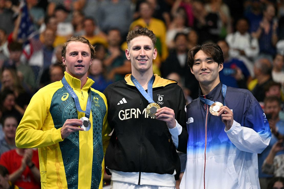 From left to right, Winnington, Märtens and Kim complete the men's 400m freestyle podium.