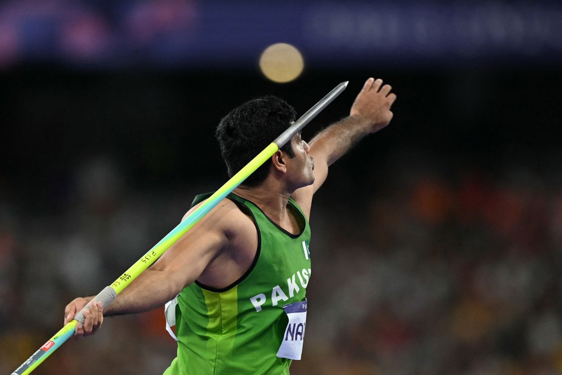 Pakistan's Arshad Nadeem competes in the men's javelin throw final of the athletics event at the Paris 2024 Olympic Games at Stade de France in Saint-Denis, north of Paris, on August 8, 2024.