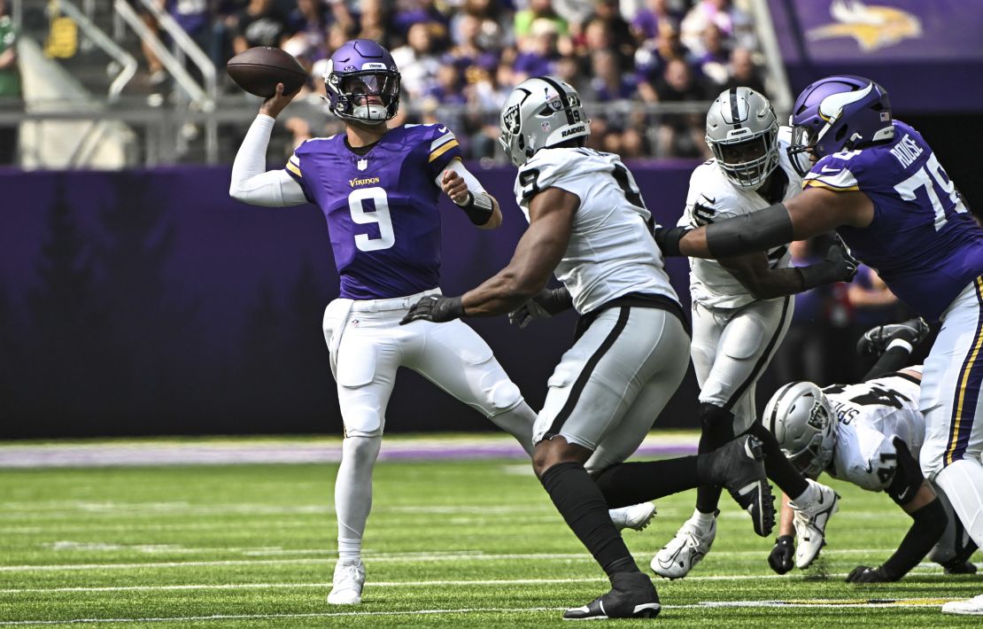 McCarthy throws the ball in the second quarter against the Las Vegas Raiders.