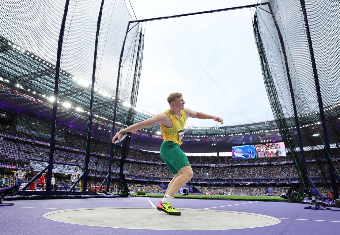 Mykolas Alekna competing in the men's discus final at the Stade de France on August 7.