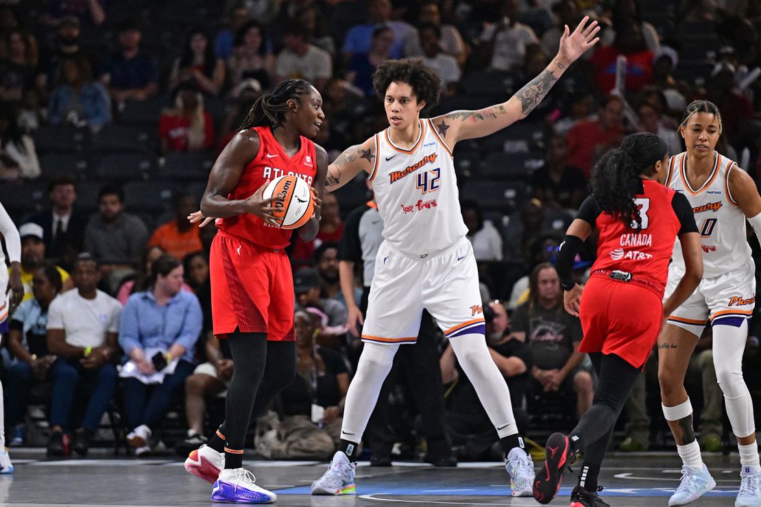 Tina Charles #31 of the Atlanta Dream handles the ball during the game against the Phoenix Mercury on August 21, 2024 at Gateway Center Arena at College Park in Atlanta, Georgia.