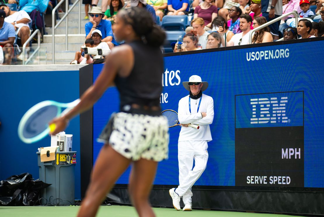 Brad Gilbert coaches Coco Gauff of the United States during practice ahead of the US Open on August 24, 2024.