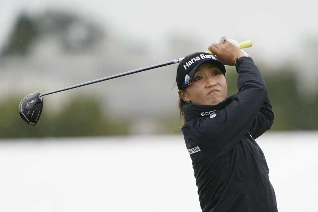 Lydia Ko of New Zealand hits off the third tee during the final round of the Women's British Open golf championship on Aug. 25, 2024, at the Old Course at St. Andrews in Scotland. (Photo by Kyodo News via Getty Images)