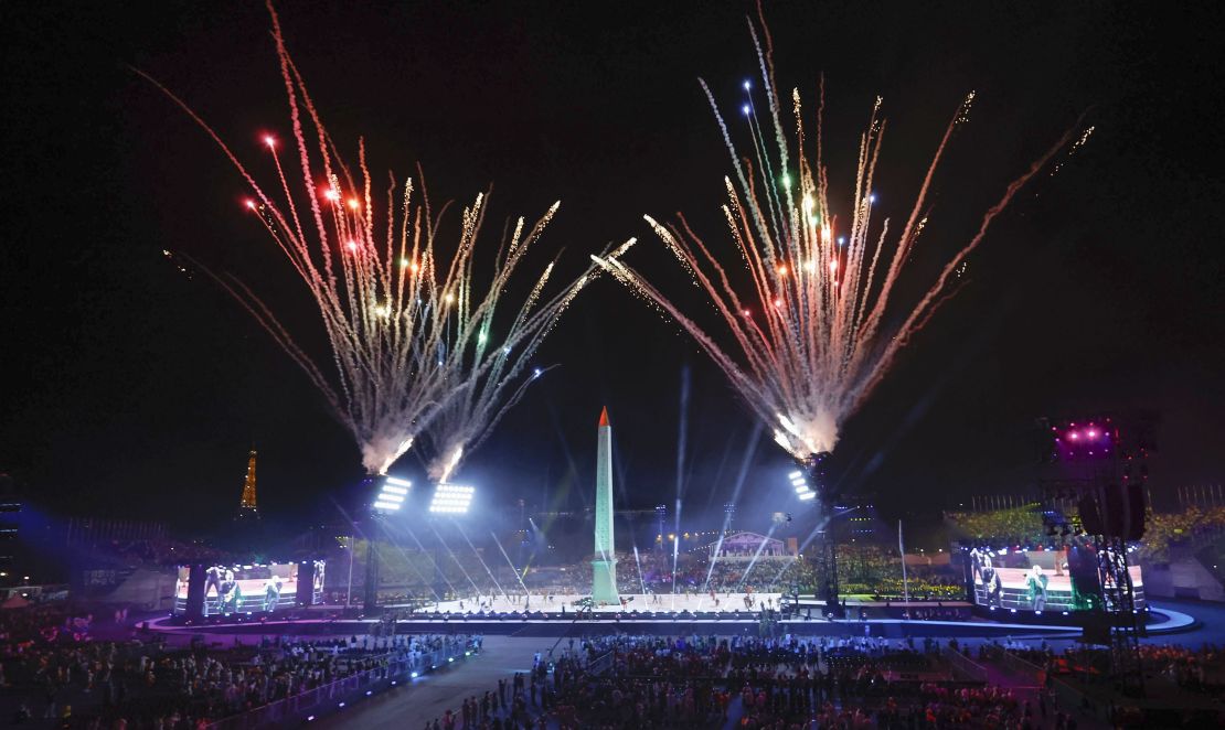 Fireworks soar above the Place de la Concorde in Paris during the opening ceremony of the Paris Paralympics on Aug. 28, 2024. (Photo by Kyodo News via Getty Images)