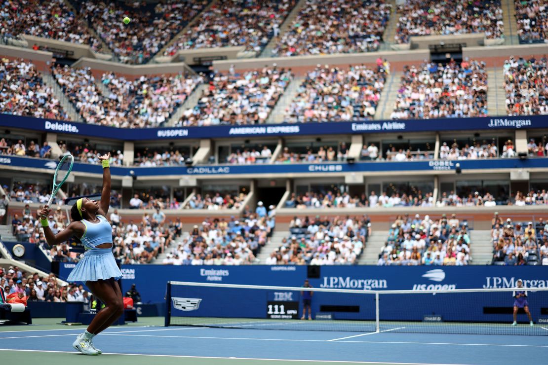 Gauff serves against Svitolina inside the Arthur Ashe Stadium on Friday.