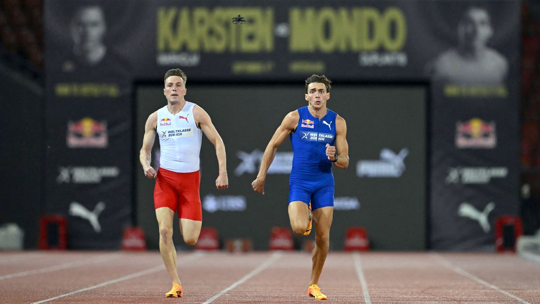 Norwegian hurdler and sprinter Karsten Warholm and Swedish pole vaulter Armand Duplantis compete in a head-to-head exhibition 100m sprint in Zurich.