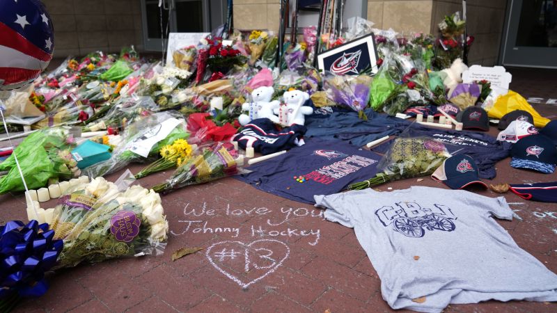 A makeshift memorial outside Nationwide Arena for Columbus Blue Jackets forward Gaudreau.