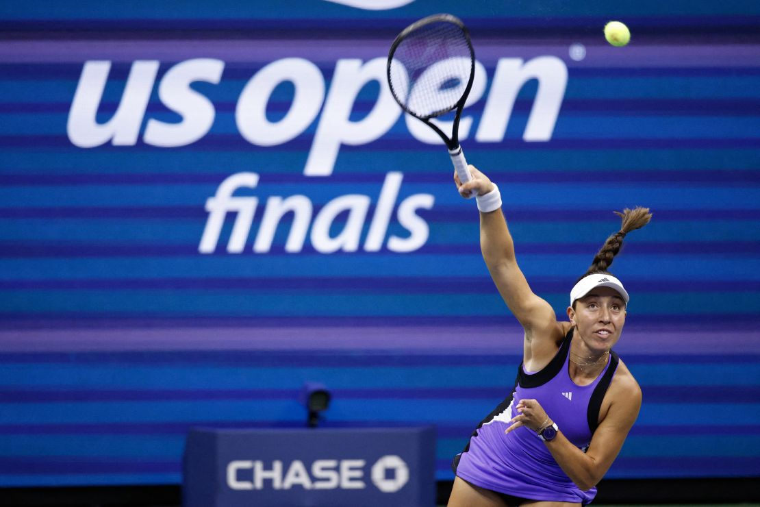 USA's Jessica Pegula serves to Belarus's Aryna Sabalenka during their women's final match on day thirteen of the US Open tennis tournament at the USTA Billie Jean King National Tennis Center in New York City, on September 7, 2024. (Photo by Kena Betancur / AFP) (Photo by KENA BETANCUR/AFP via Getty Images)