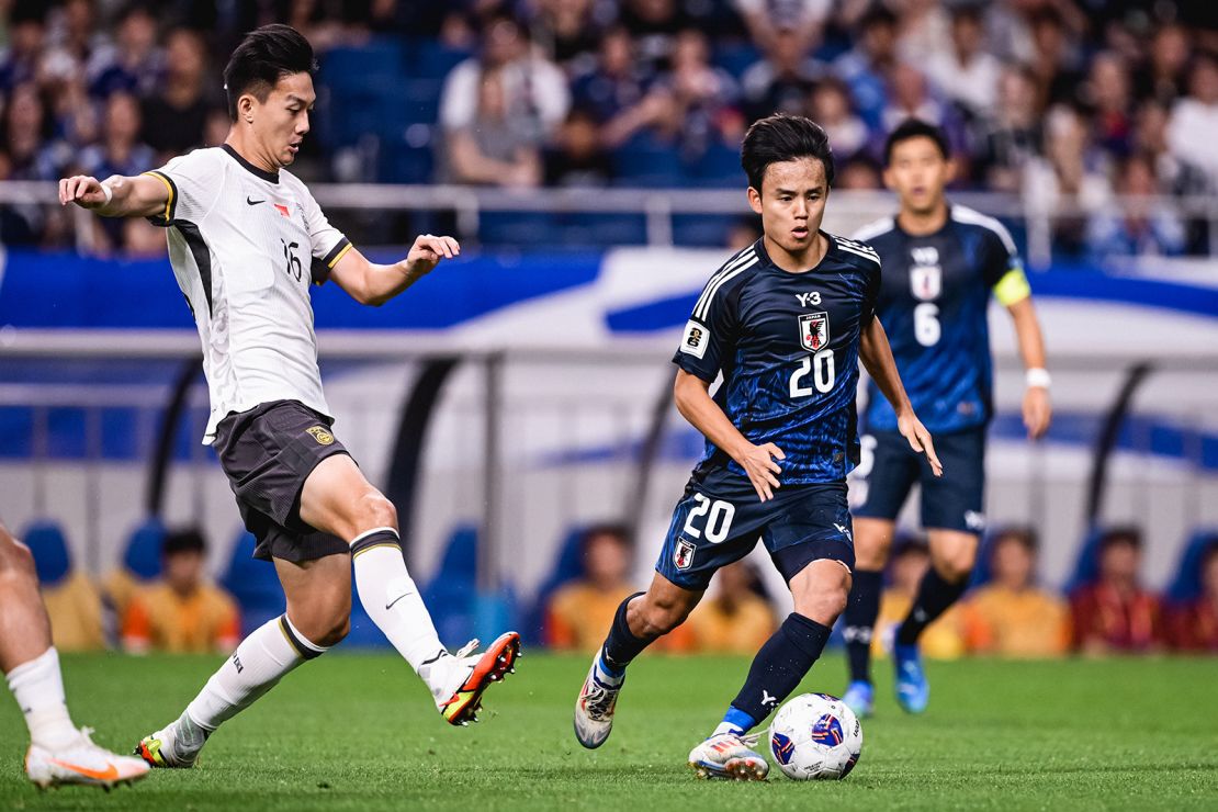 Takefusa Kubo of Japan drives the ball during the 2026 FIFA World Cup Qualifier match between China and Japan on September 5, 2024 in Saitama City, Saitama Prefecture, Japan.