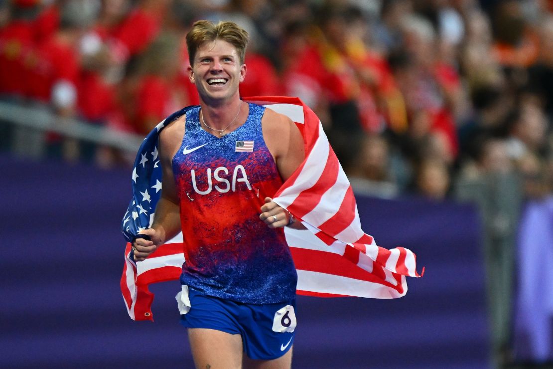 PARIS, FRANCE - SEPTEMBER 06: Hunter Woodhall of Team USA celebrates after winning the Gold Medal in the Men's 400m T62 on day nine of the Paris 2024 Summer Paralympic Games at Stade de France on September 06, 2024 in Paris, France. (Photo by Marco Mantovani/Getty Images)