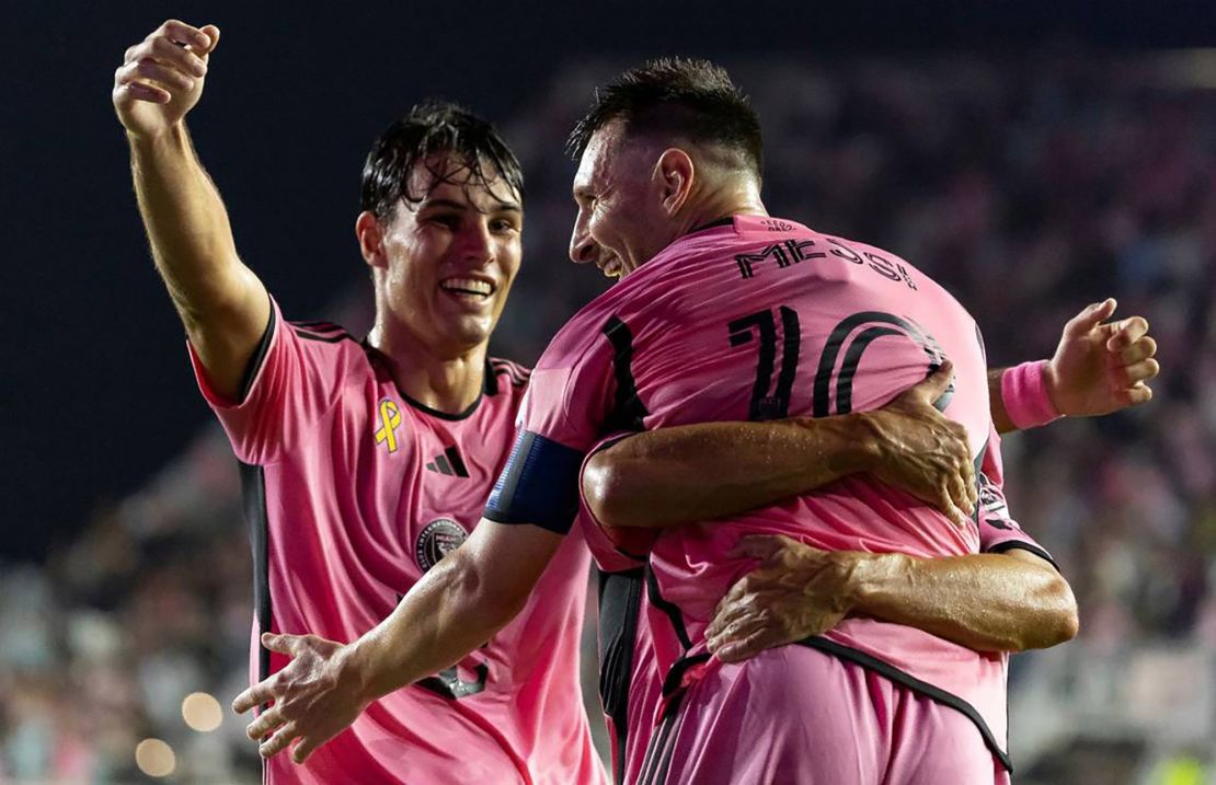 Lionel Messi celebrates with defender Jordi Alba and midfielder Federico Redondo after scoring against the Philadelphia Union.