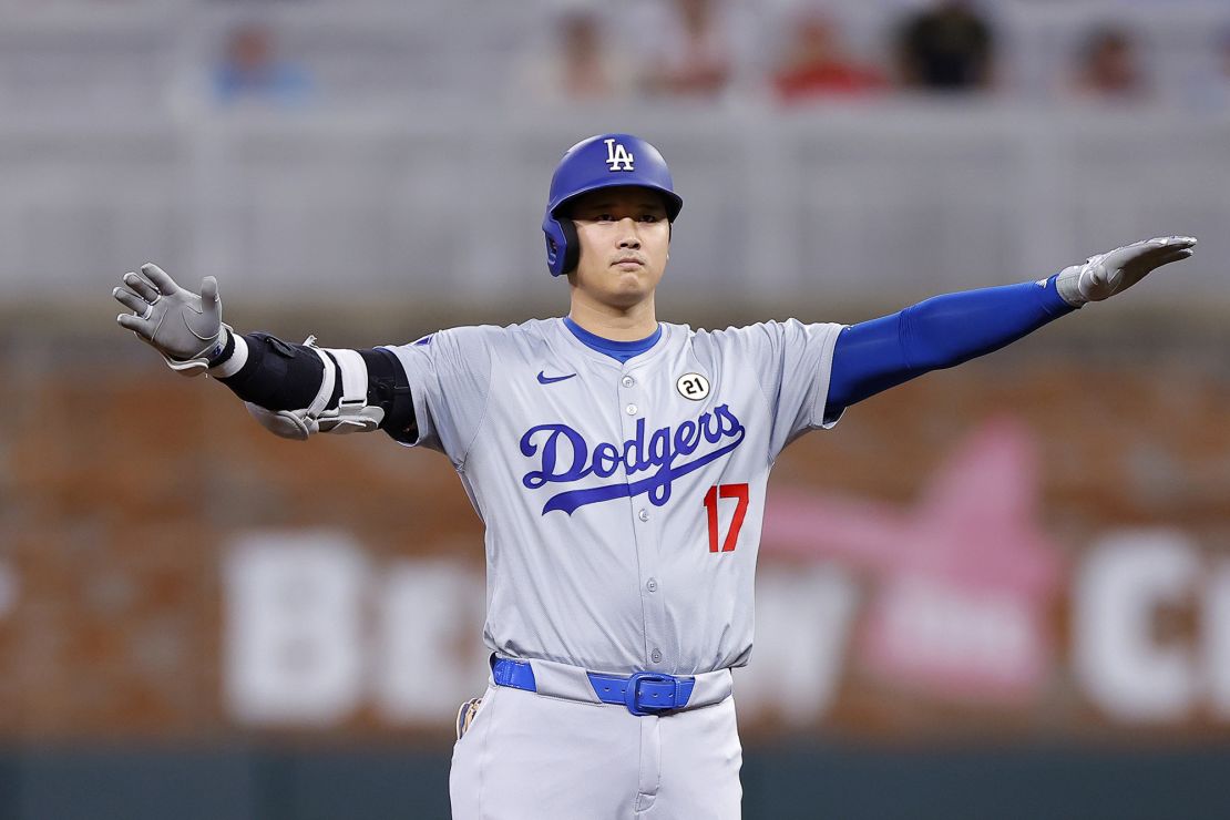 Ohtani reacts after hitting an RBI double during the fifth inning against the Atlanta Braves.