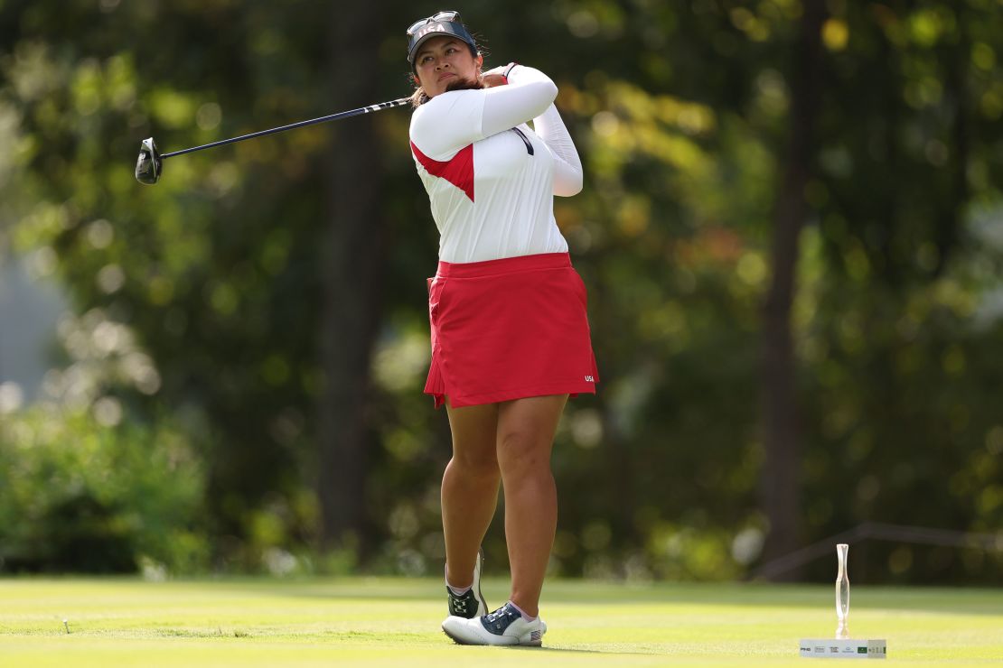 Team USA's Lilia Vi hits a tee shot at the Solheim Cup at Robert Trent Golf Club