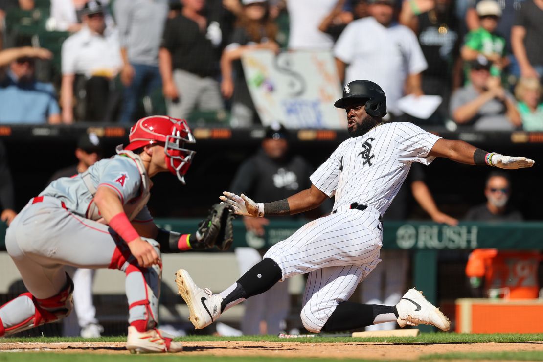 White Sox third baseman Bryan Ramos scores past Angels catcher Logan O'Hoppe during the fifth inning at Guaranteed Rate Field.