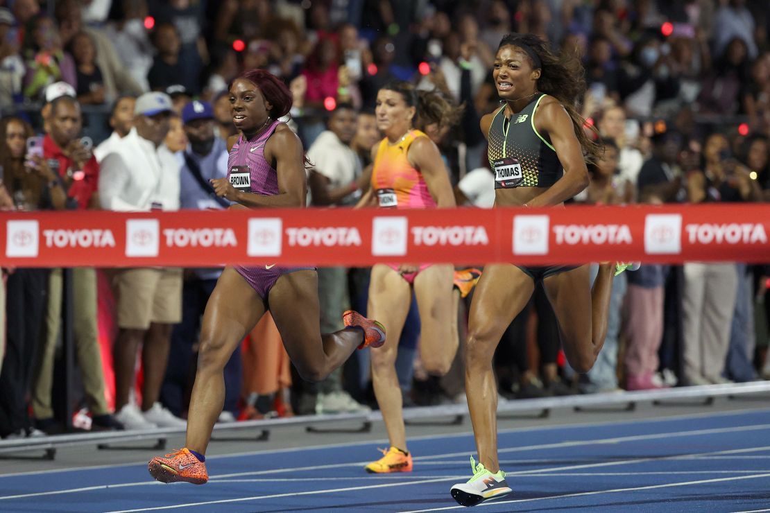 Brittany Brown (left) edged out Gabby Thomas for the 200m title.