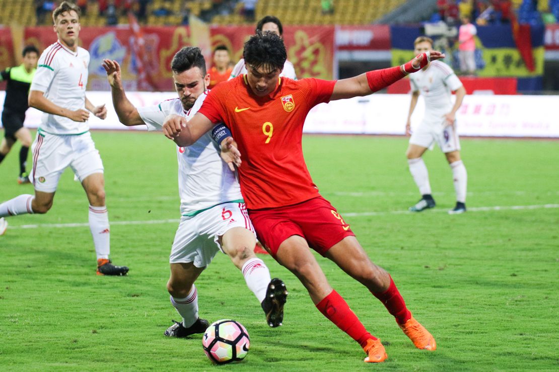 Guo Tianyu competes for the ball during the 2018 Panda Cup International Youth Football Tournament between China and Hungary on May 23, 2018.