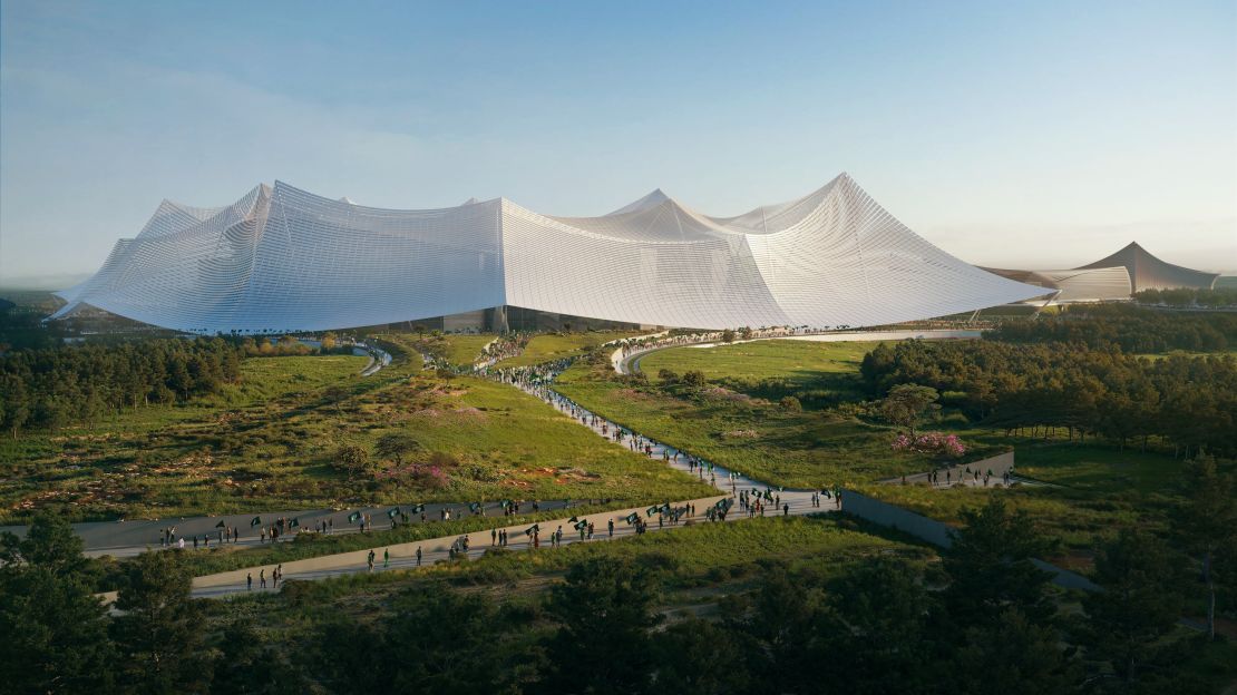 The Grande Stade Hassan II will be built on a lush 100-hectare site, with gardens extending inside the stadium's tented roof.