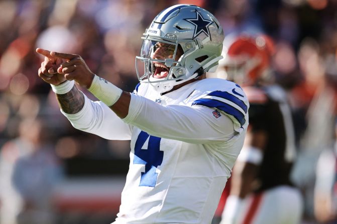 Dallas Cowboys quarterback Dak Prescott celebrates after a touchdown during the Cowboys' 33-17 victory over the Cleveland Browns in Cleveland on September 8. Hours before the game, <a href="https://www.cnn.com/2024/09/08/sport/dak-prescott-dallas-cowboys-contract/index.html">Prescott agreed to a record four-year, $240 million contract extension</a>, making him the highest-paid player in the NFL.