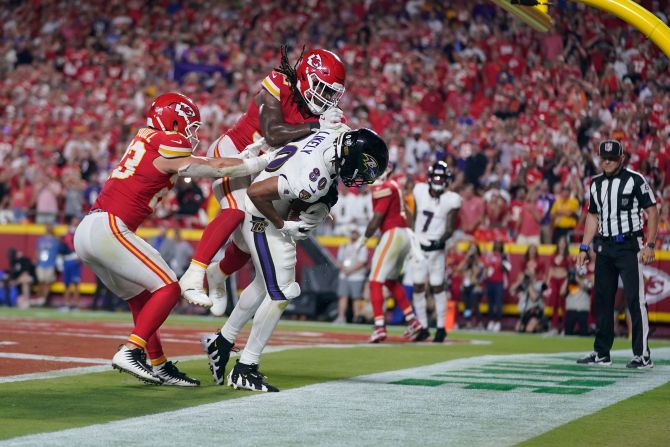 Baltimore Ravens tight end Isaiah Likely catches a pass with his toe out of bounds as time expires at the end of the game against the Kansas City Chiefs in Kansas City, Missouri, on September 5. The Chiefs won 27-20.