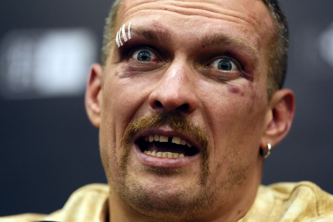 Usyk speaks to reporters after becoming the undisputed world heavyweight champion earlier this year.