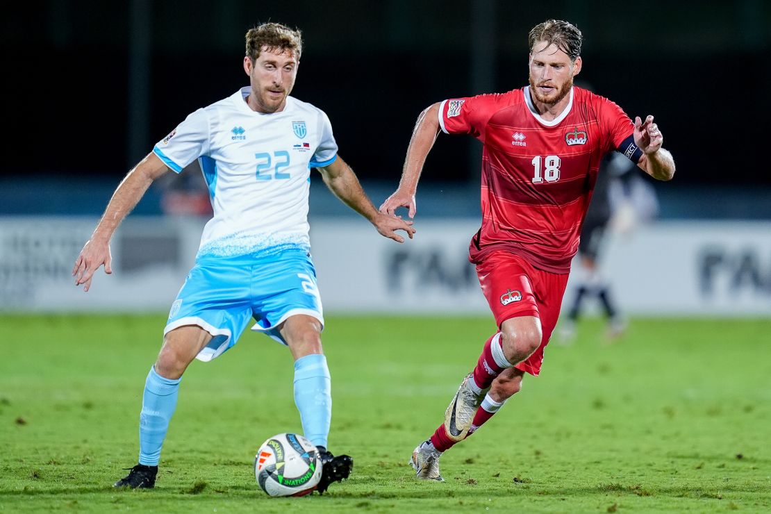 Marcello Mularoni (in blue) in action against Liechtenstein during a UEFA Nations League match.