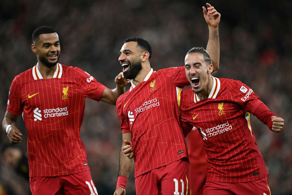 Salah celebrates Liverpool's second goal.