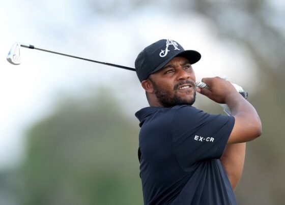 DALLAS, TEXAS - SEPTEMBER 22: Harold Varner III of The United States and the 4Aces GC team plays his second shot on the 18th hole during the individual team stroke-play finals on day three of the LIV Golf Team Championship Dallas at Maridoe Golf Club on September 22, 2024 in Dallas, Texas. (Photo by David Cannon/Getty Images)