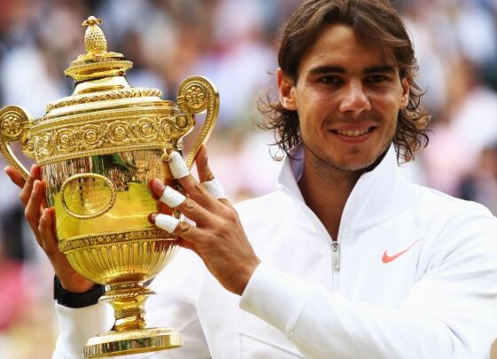 Nadal celebrates winning Wimbledon in 2010.