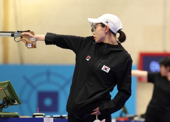 Kim shoots during the women's 10-meter air pistol final at the Paris Olymypics.