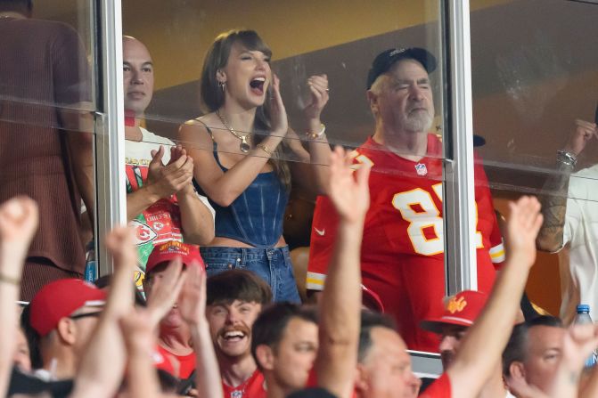 Grammy Award-winning singer Taylor Swift cheers on boyfriend Travis Kelce of the Kansas City Chiefs during the game against the Baltimore Ravens in Kansas City, Missouri, on Thursday, September 5.