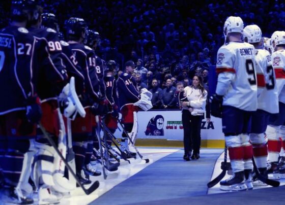 A memorial for former Columbus Blue Jackets player Johnny Gaudreau at Nationwide Arena.