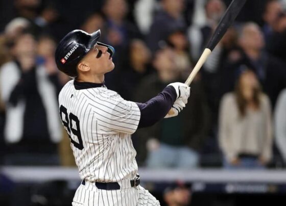 Cleveland Guardians outfielder Will Brennan throws to second base in the first inning against the New York Yankees in Game 2 of the ALCS in New York, on October 15.