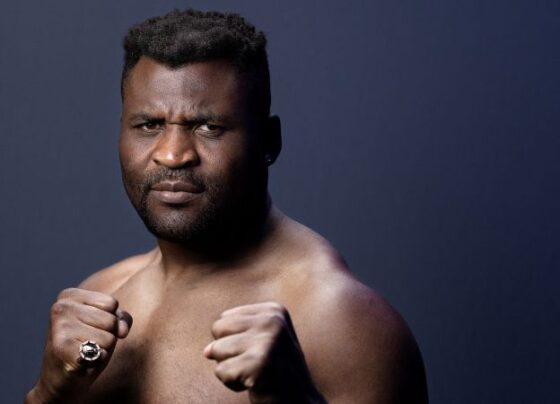 Francis Ngannou faces off with Renan Ferreira during the Battle of the Giants press conference at The Anthem on August 22 in Washington DC.