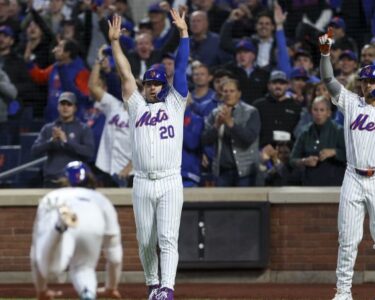 New York Mets fan dressed as Grimace celebrates the team forcing a Game 6 in NLCS.