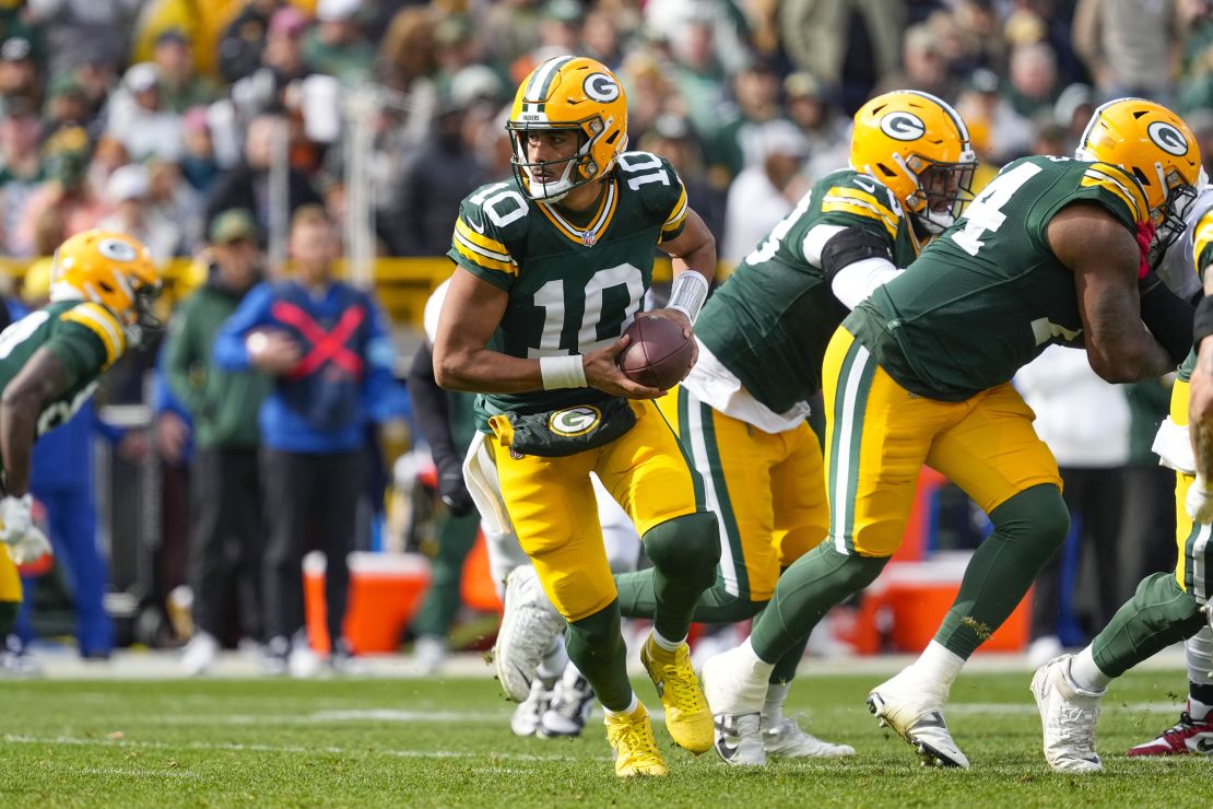 Oct 13, 2024; Green Bay, Wisconsin, USA; Green Bay Packers quarterback Jordan Love (10) during the game against the Arizona Cardinals at Lambeau Field. Mandatory Credit: Jeff Hanisch-Imagn Images