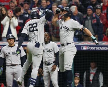 CLEVELAND, OH - OCTOBER 19: Juan Soto #22 of the New York Yankees hits a three-run home run in the 10th inning during Game 5 of the ALCS